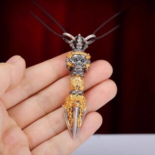 S925纯银镀金普巴杵藏式民族风随身饰品金刚橛三面普巴金刚杵吊坠