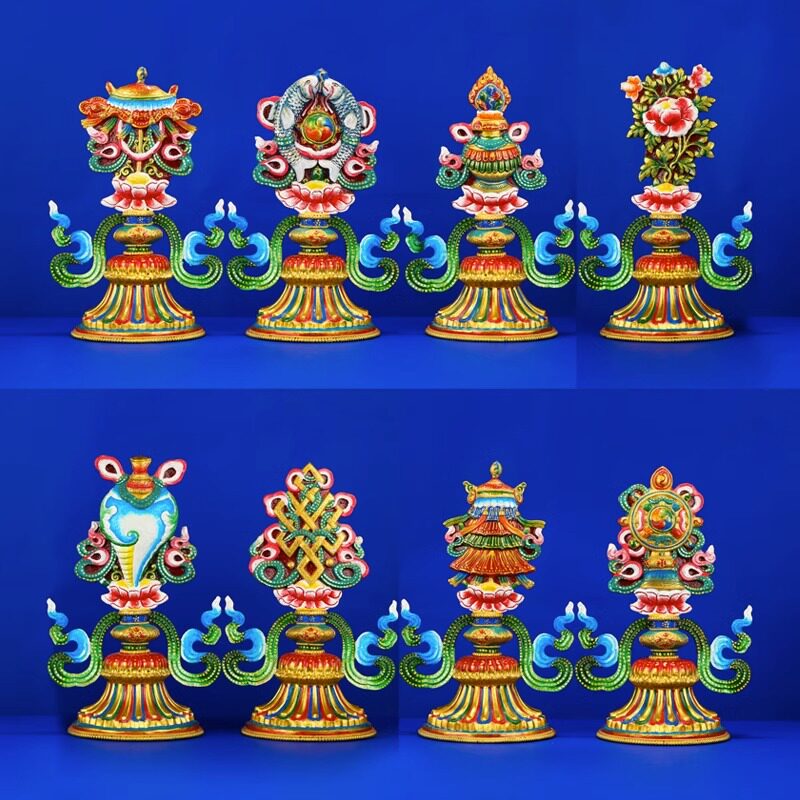 尼泊尔纯铜彩绘八吉祥手工