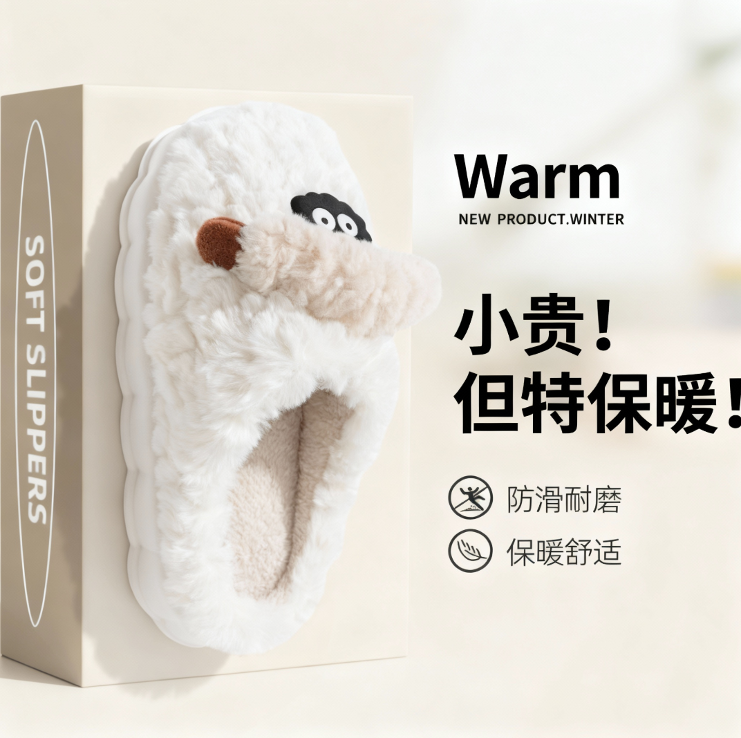 厚底毛毛拖鞋可爱卡通毛毛棉鞋