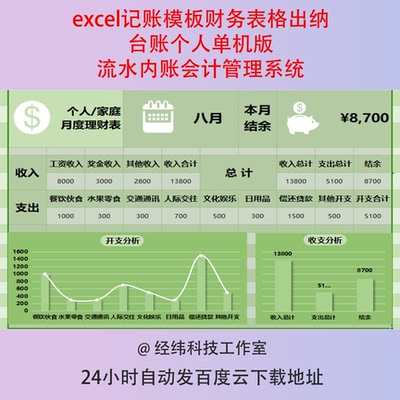 excel记账模板财务表格出纳台账个人单机版流水内账会计管理系统