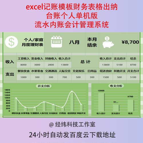 excel记账模板财务表格出纳台账个人单机版流水内账会计管理系统