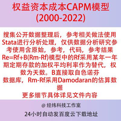 上市公司权益资本成本数据2022-2000CAPM模型含stata代码参考结果
