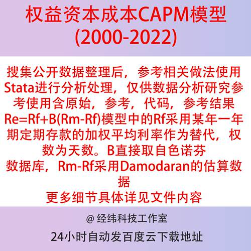 上市公司权益资本成本数据2022-2000CAPM模型含stata代码参考结果