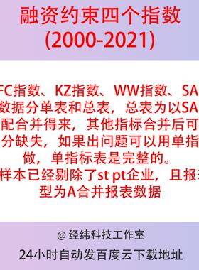 上市公司融资约束指数2000-2021FC指数、KZ指数、WW指数、SA指数