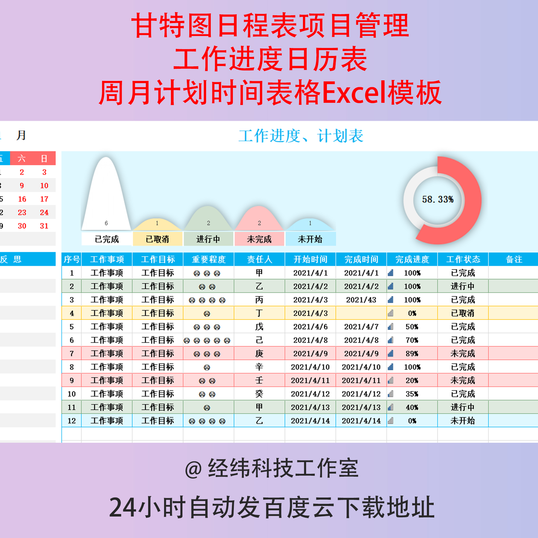 甘特图日程表项目管理工作进度日历表周月计划时间表格Excel模板