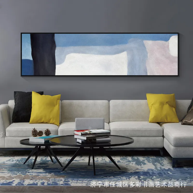 蓝灰色 现代简约装饰画抽象手绘艺术油画客厅卧室床头带框挂画