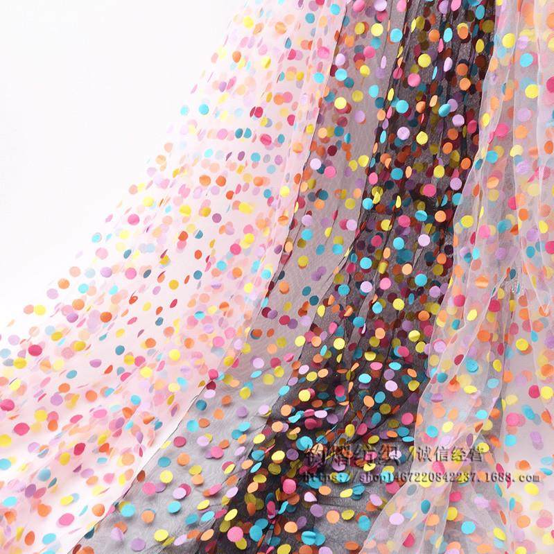 网红款六彩圆点六彩圆点胶印装纱布网料彩波色点网纱童连衣裙蓬蓬