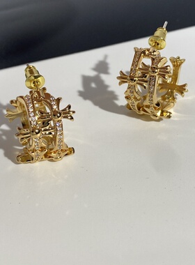 欧美奢华十字架金镶钻耳环女法式复古小众设计嘻哈风耳环耳饰