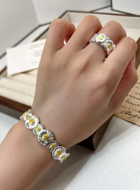 意大利花朵小雏菊925银手镯女权志龙同款开口复古菊花手环饰品