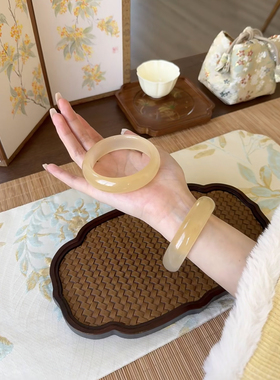天然黄龙高冰种手镯一口糖桂花女款玉髓黄翡手镯马料石英岩玉