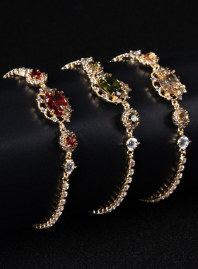 宫廷风华丽彩色锆石手链女复古轻奢时尚多彩镶钻圆形满钻手链森系