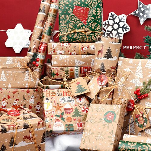 Christmas-themed kraft paper wrapping paper for gifts.