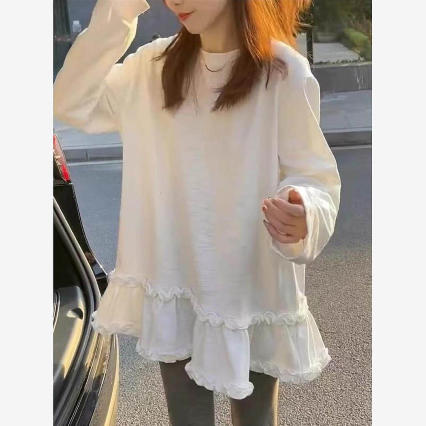 加码白色真菌长袖女式t恤2025初秋新款胖mm宽松纯棉西式底上装