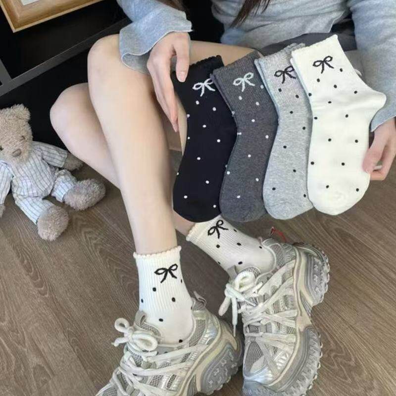 秋冬热卖ins女袜波点蝴蝶结袜子可爱淑女风运动时尚花边袜子少女