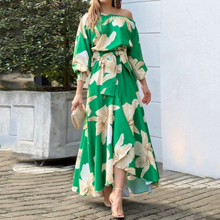 Sleeve Long Printed Dress 印花长裙 Oblique 斜领长袖 Neck