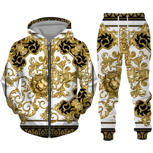 Casual 3D printed zippered hood set 休闲3D印花拉链连帽套装男