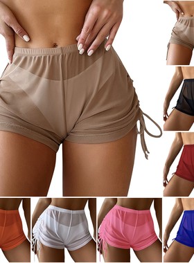 Sexy transparent mesh drawstring shorts 性感透明网纱抽绳短裤