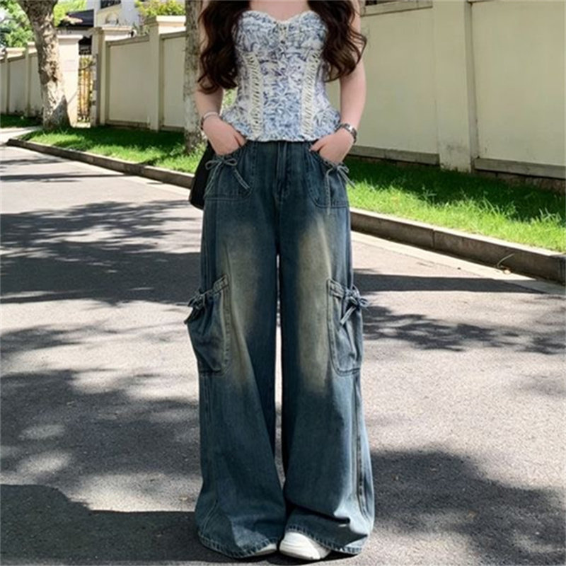 蝴蝶结绑带多口袋宽松阔腿工装牛仔裤女高腰宽松遮胯显瘦拖地长裤