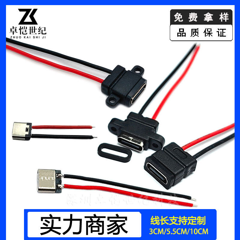 防水typec母座2P焊线双面正反插充电口注塑固定孔二线尾插type-c