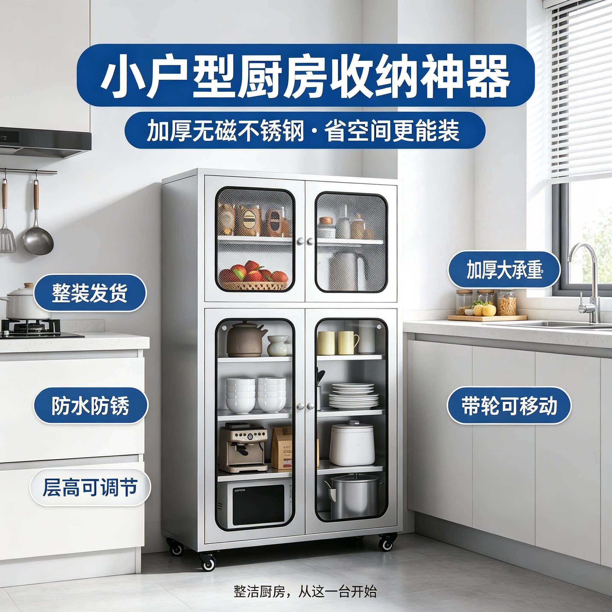 碗柜不锈钢餐边柜厨房碗碟收纳柜橱柜带轮防尘储物柜多层可移动