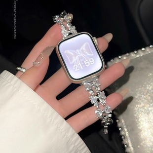 S10表带iwatch9苹果手表se QALUO秋季 5代41 watchS11 45mm小众女高级感 蝴蝶结锆石金属表带适用apple