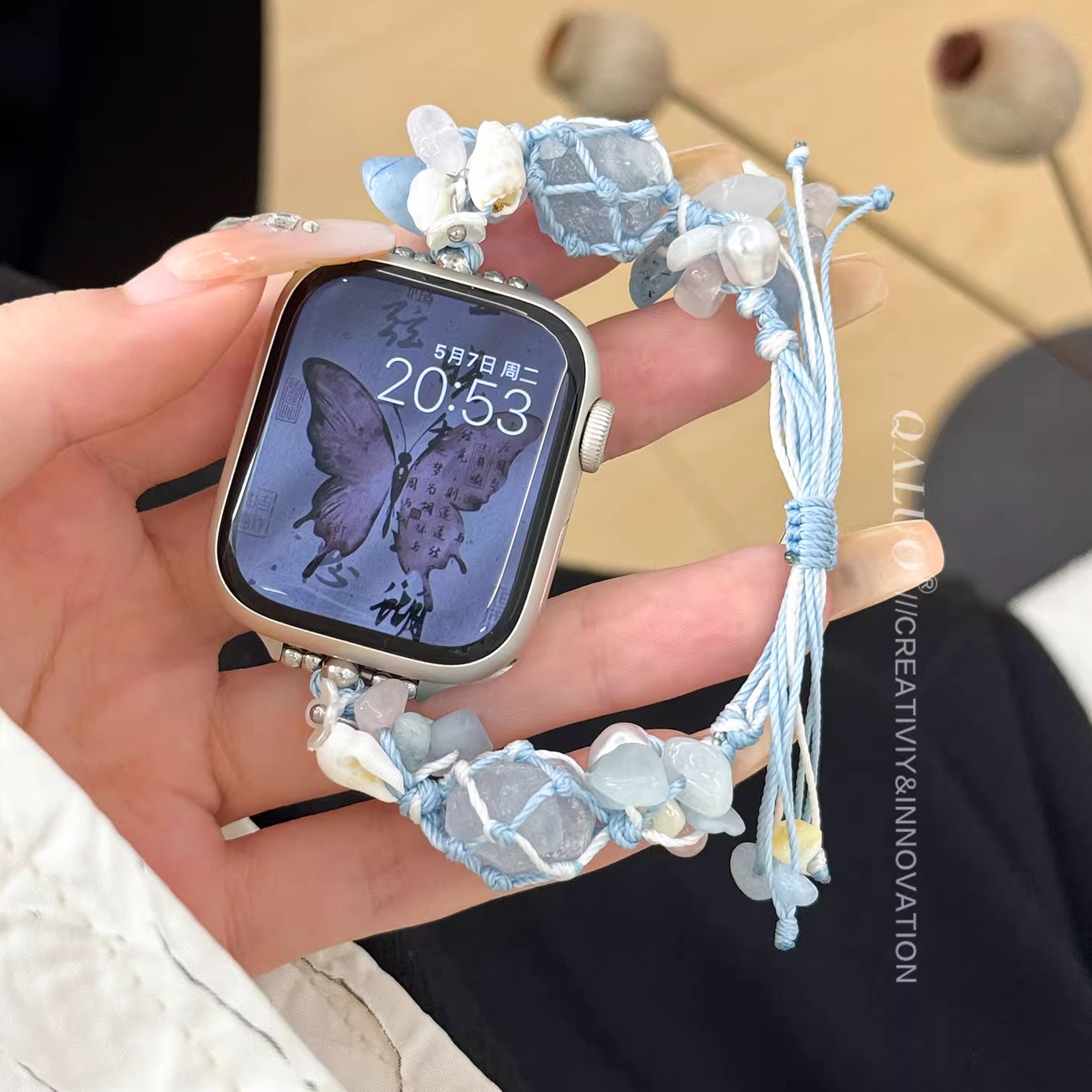 QALUO夏日风〔莫奈花园〕新款水晶原石表带适用apple watchS9/S10表带iwatch8苹果手表se/7/6/5/4代少女女生