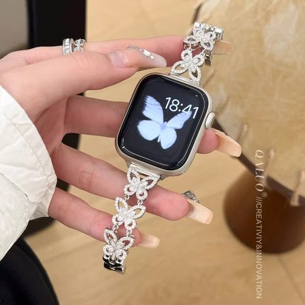 QALUO春夏新款蝴蝶幻影锆石表带适用apple watchS11/S10表带iwatch9苹果手表se/8/7/6/5/4/3代41/45mm小众女