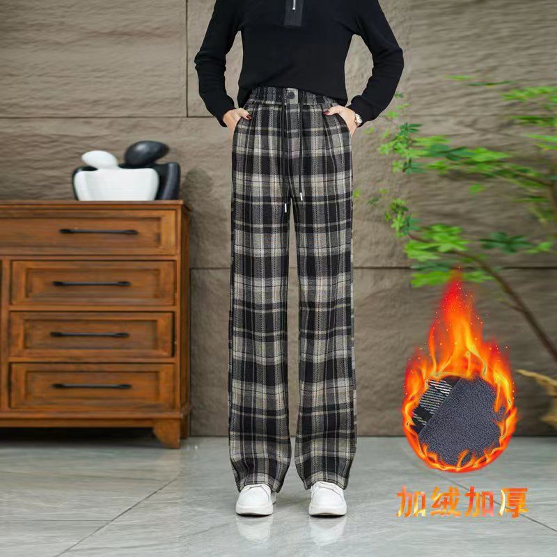 清仓捡漏亏本特价处理~韩版加绒加厚格子阔腿裤女2023秋冬季新款