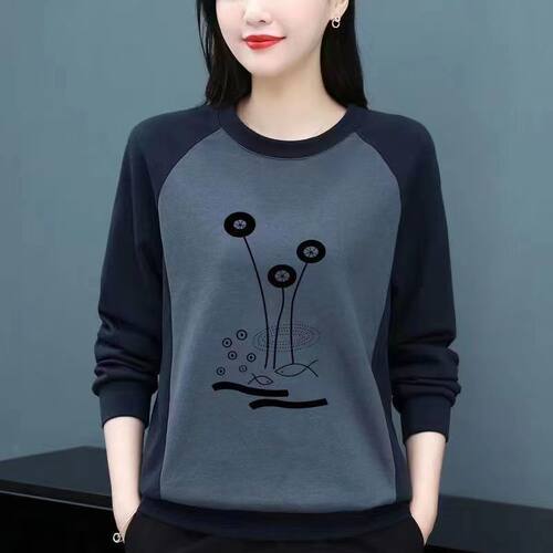 清仓捡漏亏本特价处理~100%纯棉中年圆领卫衣女秋冬新款印花拼接
