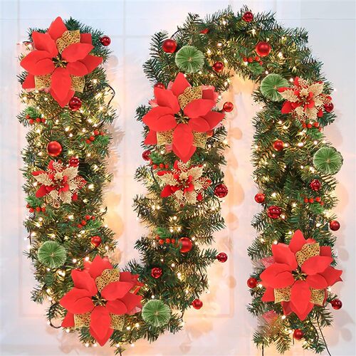 Dense Xmas Garland: 2.7m Gold-Red Wreath Set for Door & Tree
