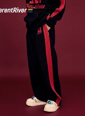 DifferentRiver2023秋冬季男女同款哑光硅胶印花抓绒阔腿休闲卫裤