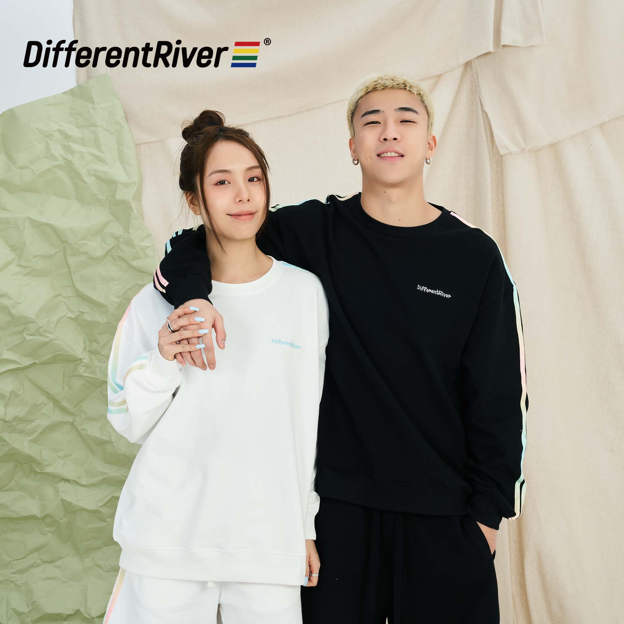 DifferentRiver2024春夏男女同款彩色渐变拉条圆领时尚休闲卫衣套