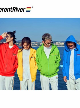 DifferentRiver秋冬百搭基础纯色潮流牙刷绣拉链红色连帽卫衣外套