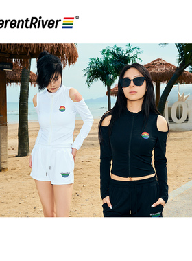 DifferentRiver2023夏季辣妹漏肩显瘦ins修身高领拉链长袖泳装