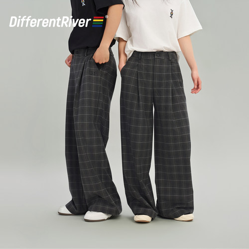 DifferentRiver2024春夏男女同款复古阔腿格纹休闲西装裤