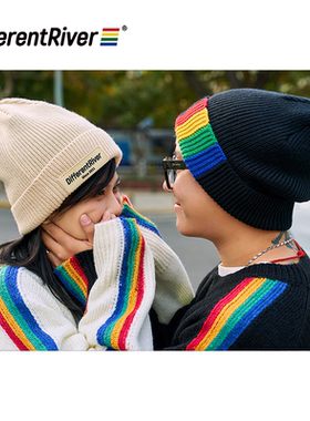 DifferentRiver秋冬新款刺绣彩虹色保暖简约百搭情侣毛线冷帽