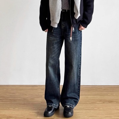 美式复古水洗阔腿男牛仔裤百搭