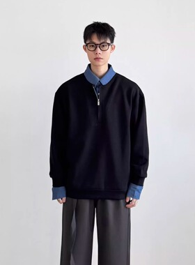 SIIIEND美式复古POLO卫衣男假两件Clean短款黑色宽松百搭休闲上衣
