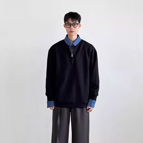 美式复古POLO领假两件宽松卫衣男