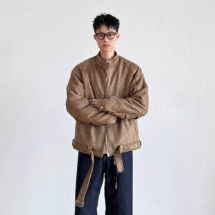 SIIIEND美式复古麂皮领拼廓形外套男女锁扣哈林顿百搭保暖棉服