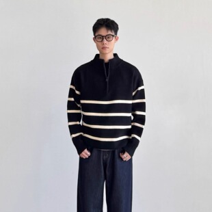 SIIIEND黑白条纹立领半拉链毛衣男秋冬季休闲宽松慵懒风针织衫
