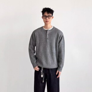 SIIIEND亨利领针织毛衣男灰色韩系Clean宽松百搭长袖上衣极简风