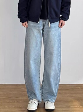 SIIIEND美式水洗阔腿复古弯刀牛仔裤男宽松休闲百搭长裤浅蓝色