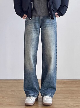 SIIIEND美式复古水洗阔腿牛仔裤男宽松直筒做旧破坏长裤潮流百搭