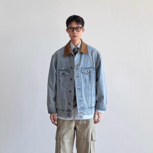 SIIIEND美式 复古水洗做旧撞色拼接翻领牛仔外套休闲夹克上衣