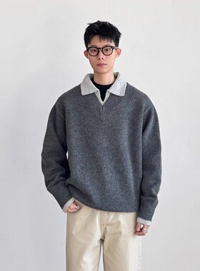 SIIIEND日系老钱假两件翻领针织衫男慵懒高级感宽松高级毛衣外套