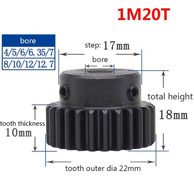 1/2/5/10/20PCS 1M 20T Spur Gear Pinion Bore 5mm Step 17mm Su