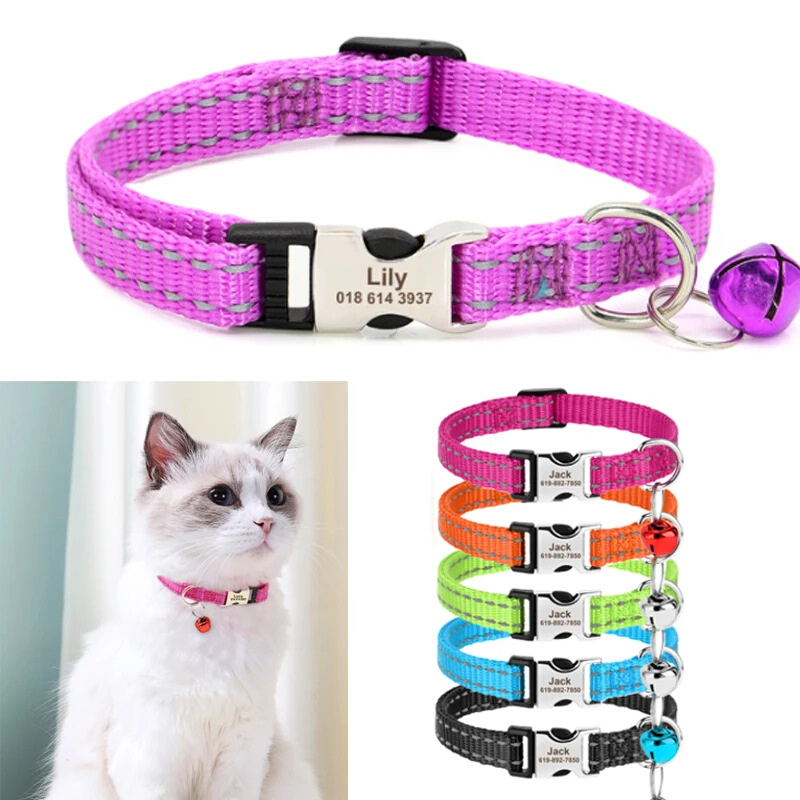 Cat collar with bell engravable content night reflective