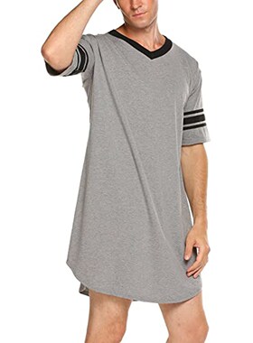 Men Cotton Nightshirt Short Sleeve V-neck Soft Loose Nightwe