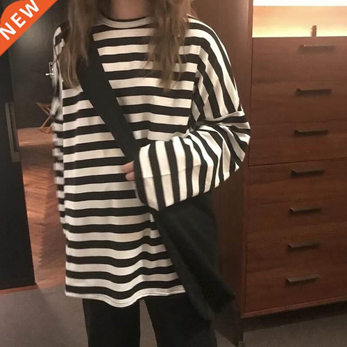 spring Autumn Women harajuku Striped Tshirt Long Sleeve O-Ne